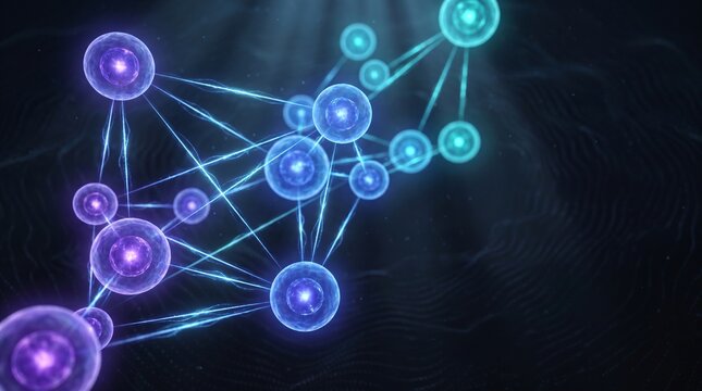 Quantum computing concept with glowing sphere qubits connected by energy beams in purple blue cyan colors floating in abstract quantum field for emerging technology innovation science background