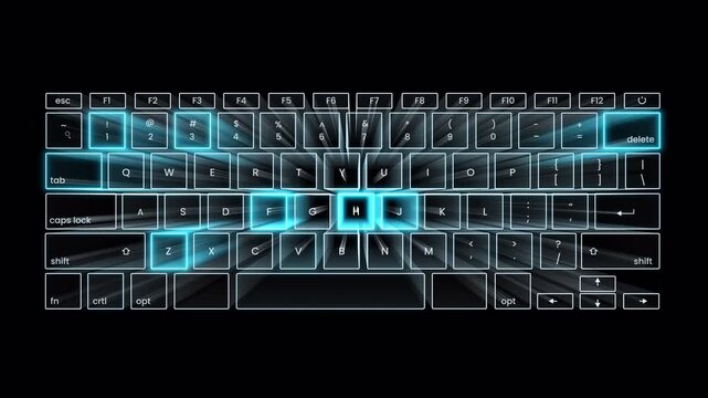 Futuristic 3D tech keyboard overlay animation with illuminated glowing keys and dynamic blue ray light effects, ideal for technology, AI, security and digital themes, seamless loop with alpha channel