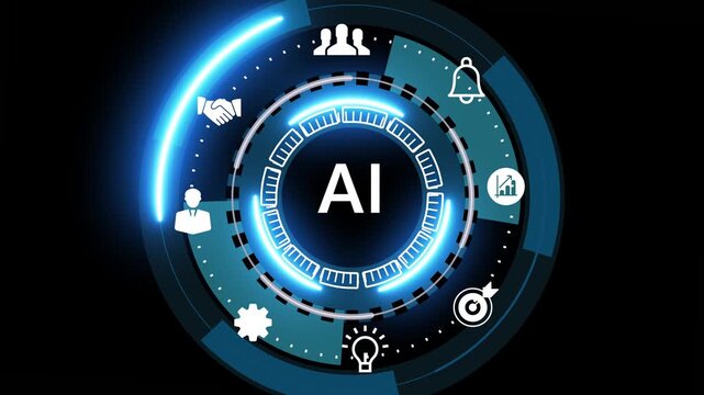 Futuristic blue digital interface HUD with circular infographic and icons surrounding the words quality assurance, suggesting software