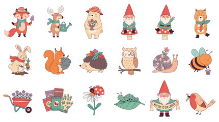 Fototapeta premium Cute Forest Animals and Garden Gnomes Sticker Pack Set, Hand-Drawn Woodland Creatures Illustration