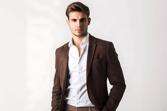Handsome man in a brown suit and white shirt stands against a white background.
