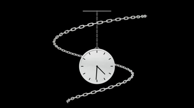 Silver chain wrapped around a white clock with rotating hands animation