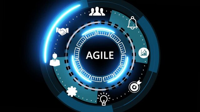 Futuristic blue digital interface HUD with circular infographic and icons surrounding the words quality assurance, suggesting software testing, security video