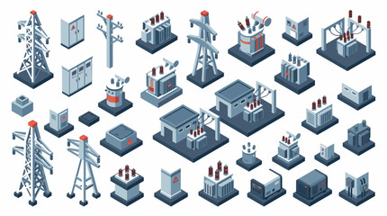 Fototapeta premium Creative Isometric Collection of Modern Electrical and Telecommunication Infrastructure Icons in Blue Gray