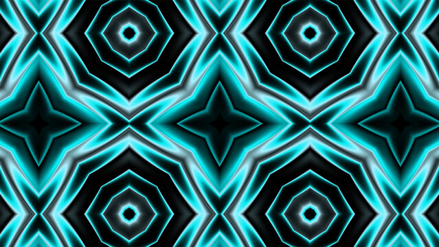 Abstract cyan kaleidoscope geometric pattern. Futuristic cyan silk star light backdrop. Glowing symmetrical neon ornament wallpaper.