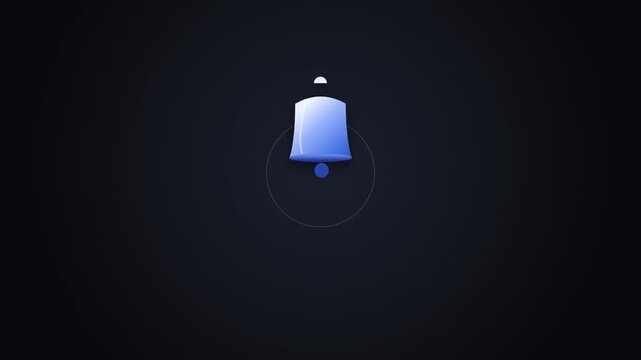 Minimal blue bell icon swinging on dark background representing notification alert signal in motion design style.