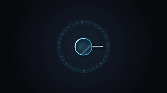 Search magnifying glass icon moves across dark digital grid background with blue glowing circle hud tech elements.