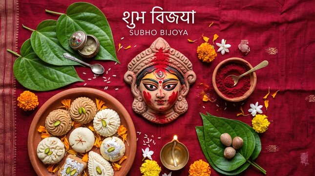 Subho Bijoya celebration photo featuring Goddess Durga idol face, sweets, betel leaves, and sindoor on red background puja hindu festival