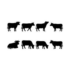 Fototapeta premium Cows standing and sitting silhouette vector illustration, Cows poses silhouette set design