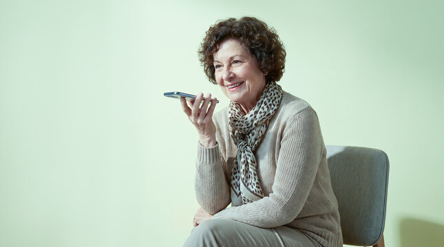 Smiling Senior Woman Recording Voice Message on Smartphone Sitting in Chair