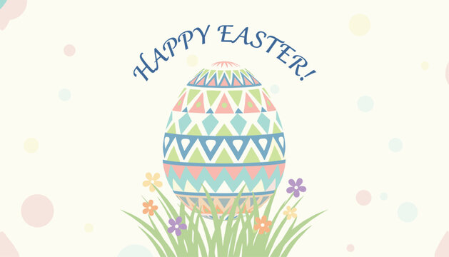 Beautifully decorated patterned Easter egg in green grass with colorful flowers and Happy Easter text on off-white background.