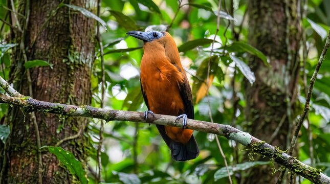 Full Body Capuchinbird in the Amazon Rainforest (Perissocephalus tricolor).