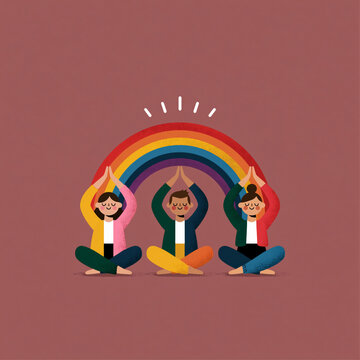 Multicultural group practicing synchronized rainbow-inspired yoga poses, contemporary wellness branding style, clean minimal illustration, no logos, no watermark, with a focus on magnificent