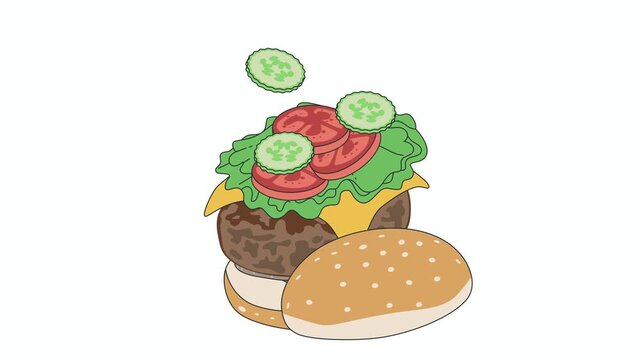 Burger Build Horizontal Infographic, Flat Vector Food Animation, Colorful Ingredients Layering, Recipe Tutorial Motion Design, Restaurant Promo Background, Kitchen Culinary Concept, Graphic Loop