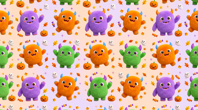 3D Cartoon Multicolor Fuzzy Monster Pattern Background