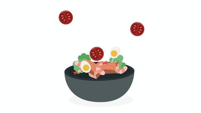 Bowl Fill Animation, Flat Vector Food Ingredients, Colorful Salad Soup Layering, Vibrant Motion Graphics, Modern Kitchen Cooking, Healthy Eating Visual, Minimalist Cartoon Bowl, Bright Colors
