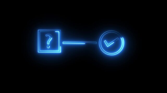 Neon question mark and checkmark icons with connecting line, solving problems concept with glowing blue effect
