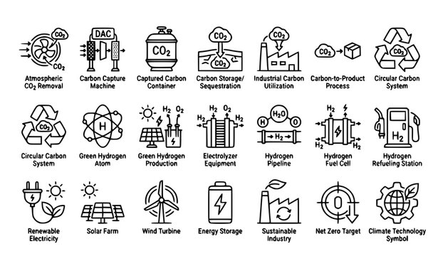 Green tech and clean energy line icon set with carbon removal hydrogen innovation electrolysis and net zero symbols