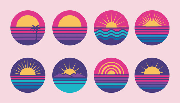 Collection of eight retro synthwave sunset icons with glowing pink suns and blue ocean waves on a light pink background.
