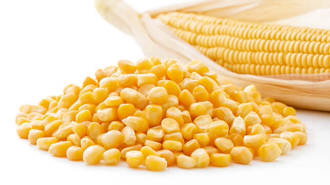 Fresh corn kernels, Zea mays, and a whole ear of corn on a clean white background, showcasing bright yellow grains for agriculture and foo