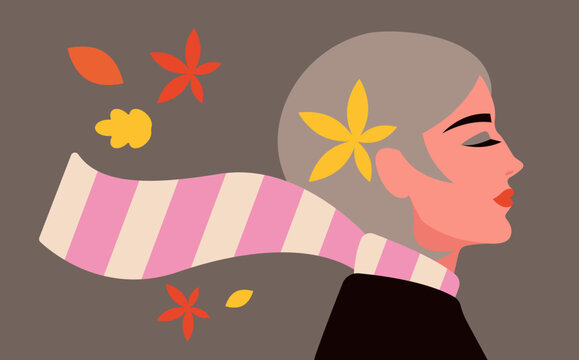 Woman Enjoying Autumn Walk with Striped Scarf and Falling Leaves