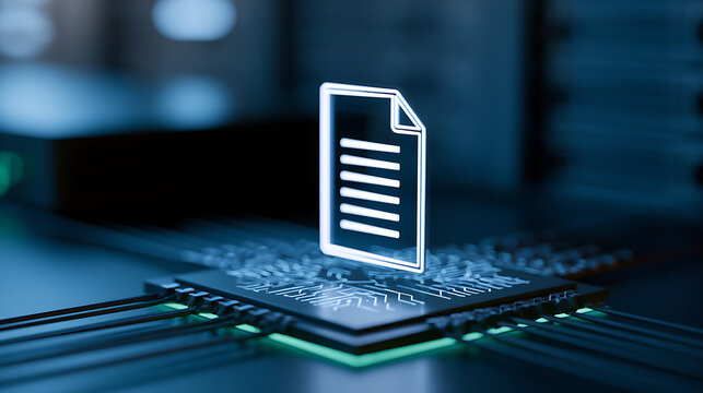 Digital document symbol hover above a central computer processor chip inside a server room setting with glowing lights and futuristic tech style