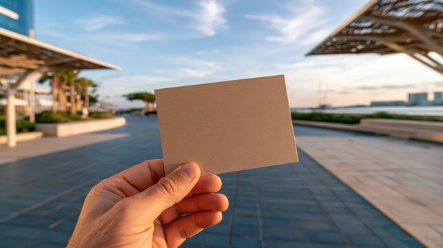 Blank card mockup in hand with city background for design presentation