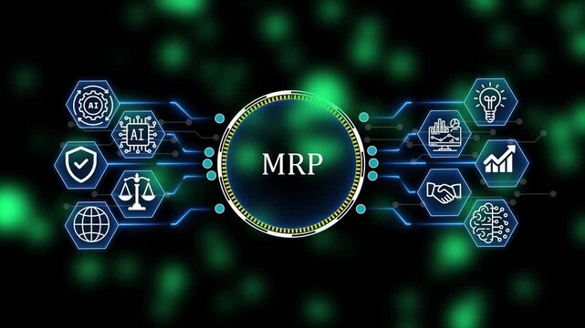 Futuristic MRP and Cloud Technology Network with AI, Cybersecurity and Digital Business Icons. 4k animation