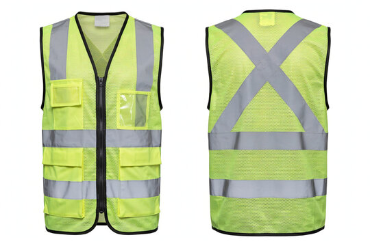 Front and back view of a high visibility fluorescent yellow safety vest with reflective stripes