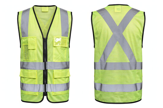 High visibility fluorescent yellow safety vest with reflective stripes, front and back view