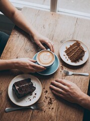 Obraz premium Hands sharing coffee and chocolate cake at a cozy cafe table with latte art