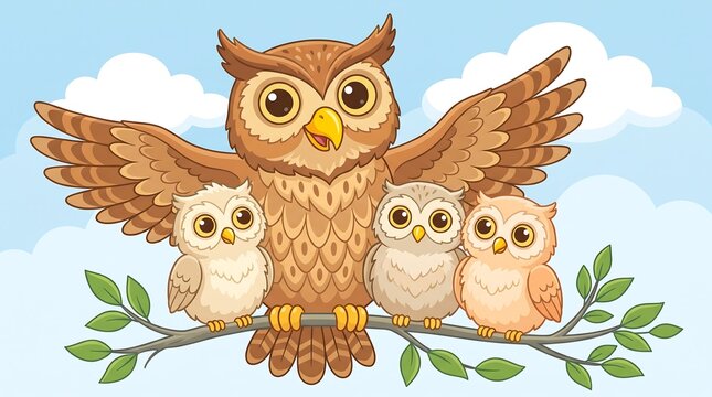 Cartoon owl family on a tree branch, cute mother owl with three owlets, whimsical forest bird illustration for children