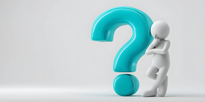 Creative 3D Illustration of a Question Mark with a Thoughtful Figure on a Plain Background