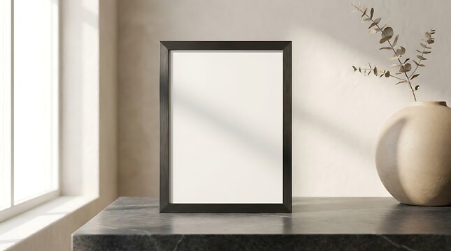 Minimalist interior mockup featuring a 16 x 20 frame on a dark stone counter with a ceramic vase