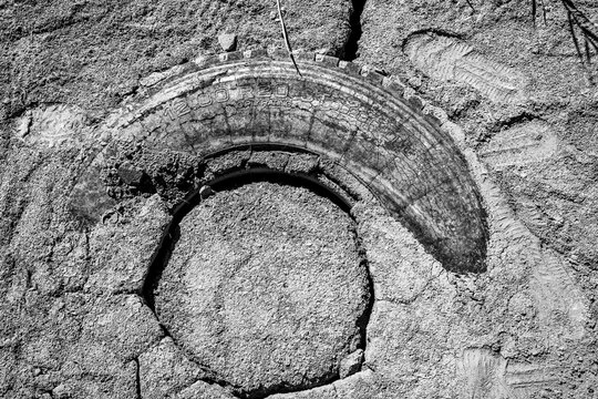 A weathered tire is partially buried in cracked, dry earth. The black and white tones emphasize the texture of the tire and the surrounding ground.