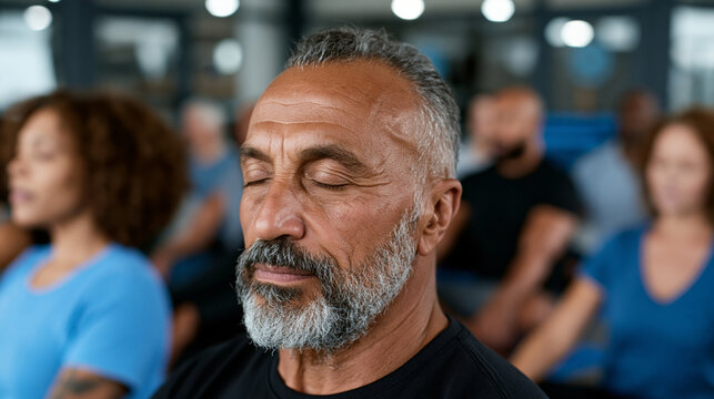 Adaptive yoga class with diverse participants practicing synchronized breathing while seated comfortably, contemporary wellness center, natural lighting, premium commercial image, no logos, no