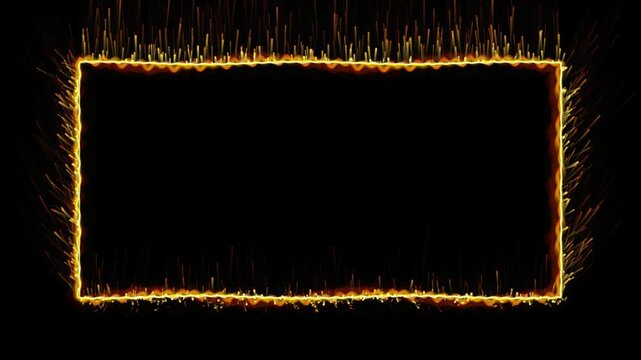 Glowing fire border frame with rising sparks on black background