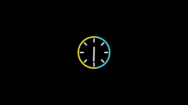 Neon Clock Loading Animation on Black Background, Colorful Circular Time Icon, Waiting Process, Countdown, Progress Indicator, Digital Timer and Futuristic Technology Concept.