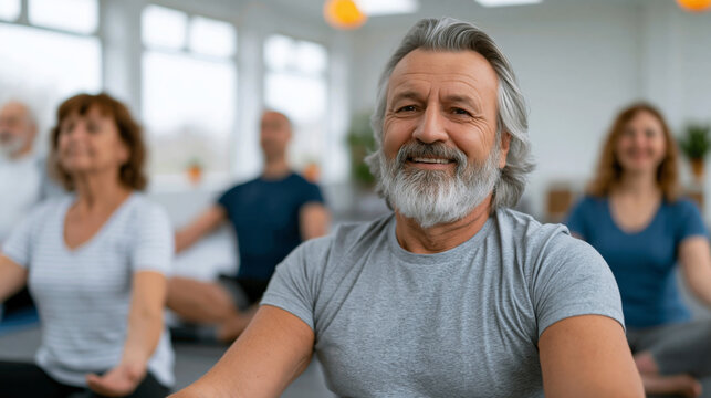 Adaptive yoga instructor supporting participants during gentle mobility exercises, spacious bright studio, clean minimalist d&Atilde;&copy;cor, natural lighting, commercial stock photography, no logos, no