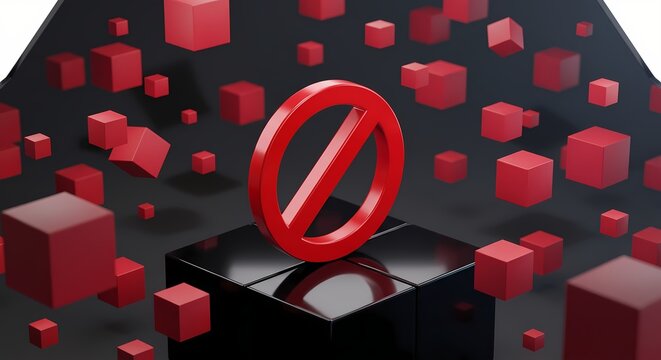 Red Neon Prohibition Sign Surrounded by Floating Red Blocks in Cyber Space