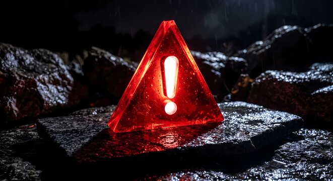 Glowing Red Neon Triangular Hazard Warning Sign on Rugged Dark Rocks