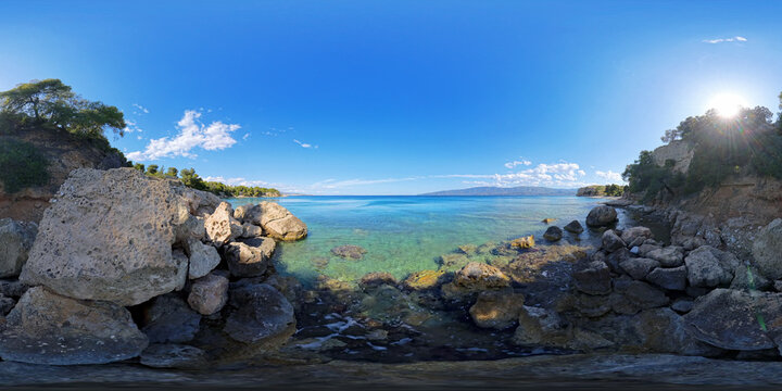 Rocky Aegean Sea Coast Near Athens, Greece, 360 VR Photo 8K