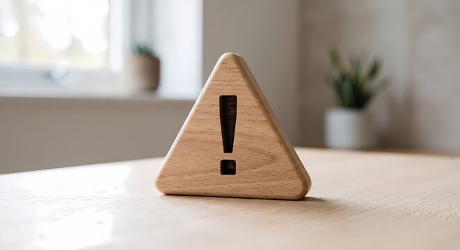 Wooden Triangular Caution Sign on Modern Minimalist Surface