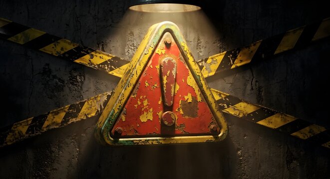 Industrial Red Warning Triangle under Spotlight with Yellow Hazard Tape