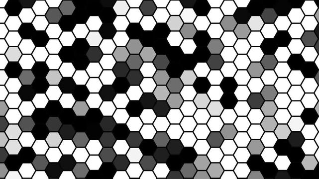 Abstract honeycomb pattern with moving grayscale shades and pulsing hexagons background