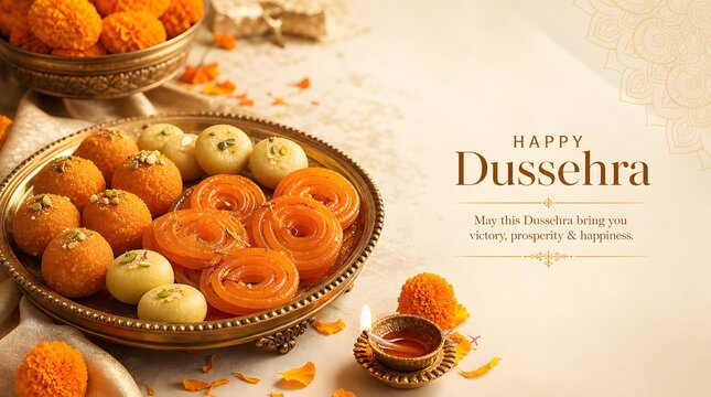 Delicious Indian Sweets Laddu Jalebi in Brass Plate with Diya Lamp for Happy Dussehra Celebration Banner Background