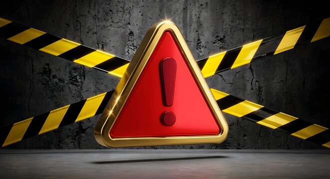 Red Warning Triangle Encircled by Yellow and Black Hazard Striped Barrier