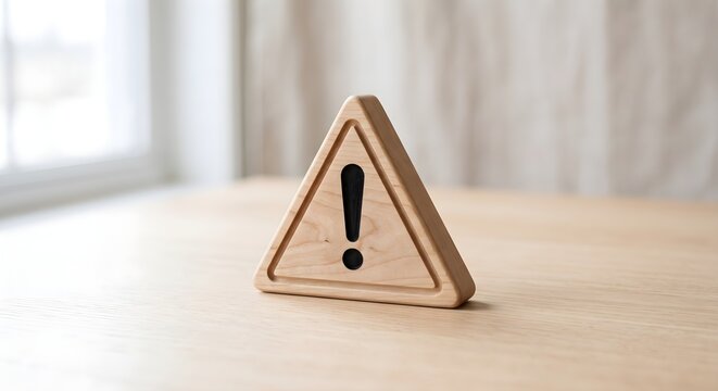 Wooden Triangular Caution Sign on Minimalist Indoor Light Surface