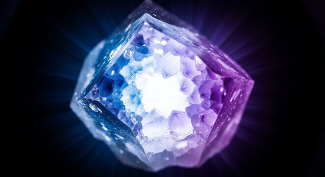 Glowing crystal cube gemstone with purple light rays on dark background