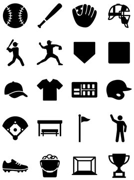 Baseball Equipment and Game Black Vector Silhouette Icon Set